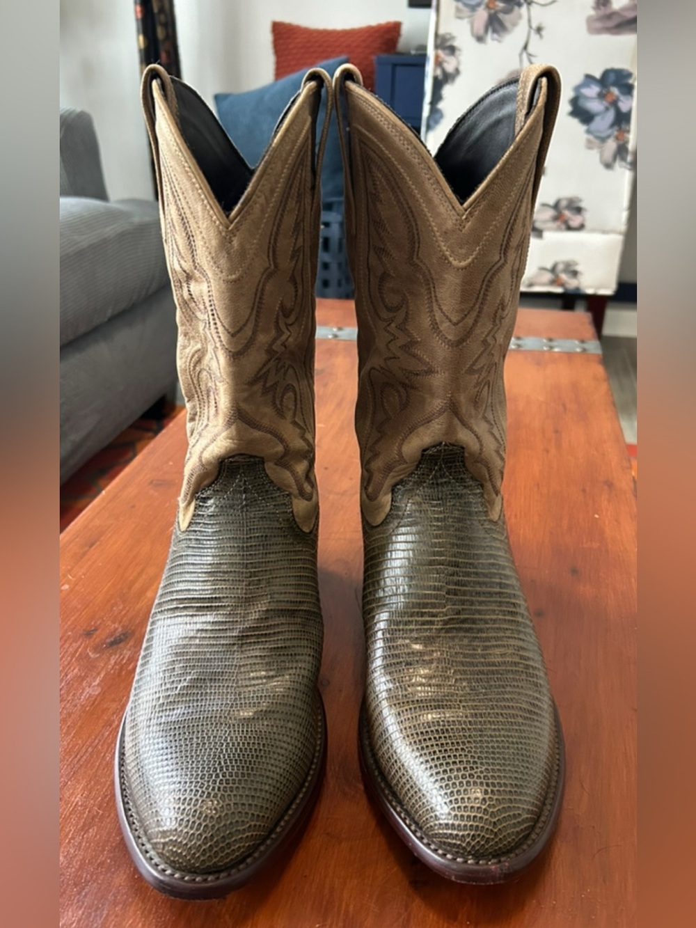Tecovas Olive Lizard-Embossed Toe Cowboy Boots with Tan Shaft
